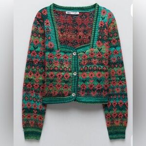 NWT Zara Floral Jacquard Knit Cropped Long Sleeve Cardigan Size S